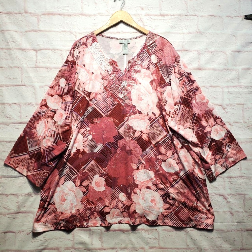 Catherines Shirt Womens 4X Pink Floral Beaded Embroidered Twee Tunic Top Boho